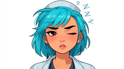 A cute nurse character embodies fatigue and exhaustion, perfectly portrayed against a clean white background.