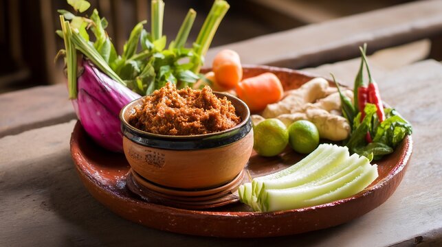 Normal view Thailand spicy shrimp paste dip nam prik kapi fresh and steamed vegetables on clay platter traditional dinner shot with farmhouse background and natural soft light