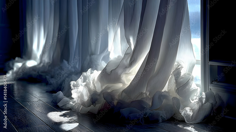 Aufkleber serene light streams through sheer curtains pooling on a dark wood floor, creating a tranquil and el