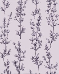 Botanical pattern with hand-drawn herbs on a light background, perfect for nature-inspired designs and elegant textiles or wallpapers.