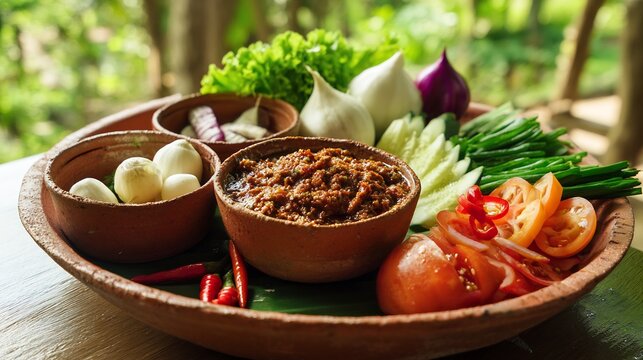 Normal view Thailand spicy shrimp paste dip nam prik kapi fresh and steamed vegetables on clay platter traditional dinner shot with farmhouse background and natural soft light