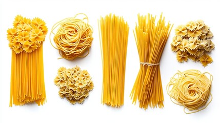 A top view of various uncooked pasta types including spaghetti farfalle and tagliatelle on white