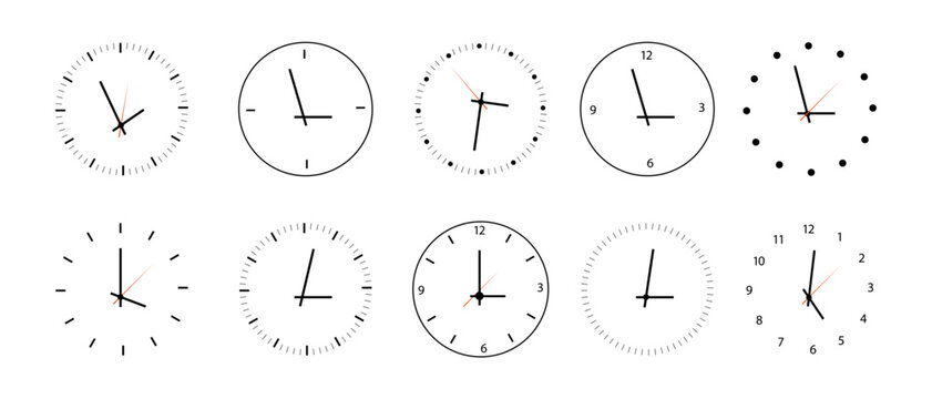 Сlock icon vector. Different types of clocks. Collection of clock designs showing various styles, times, and arrangements in a simple layout