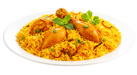 Flavorful chicken biryani served on a white plate with herbs and spices, isolated on white background, perfect for food blogs, cooking tutorials, and South Asian recipe promotions