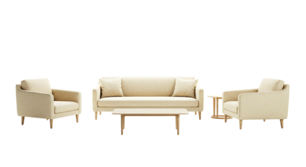 Modern beige sofa set including two chairs and a central coffee table isolated on white background, perfect for furniture catalogs, home interior ads, living room layouts, and decor visuals