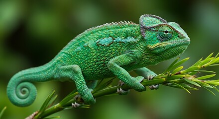 Naklejka premium Green Chameleon on Branch