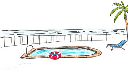 Illustration of a serene poolside beach setting.