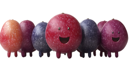 Smiling fruit characters in a row