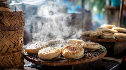 Thailand breakfast dish of Thai style coconut milk pancakes kanom krok captured traditional Thai market setting with steam rising and cultural background textures beloved sweet morning snack