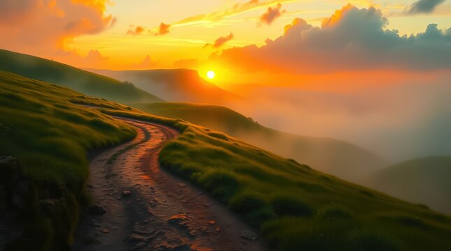 Serene sunset over rolling hills with a winding dirt path.