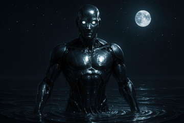 Fototapeta premium Lunar Ascension, android Emerging Under a Starry Sky