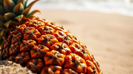 Fototapeta premium A pineapple rests on a sandy beach.