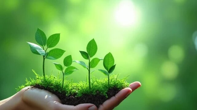 New Life Grows in Gentle Hands Hopeful Seedlings Lush Green Background
