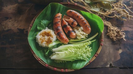 Thailand breakfast favorite of Thai style grilled sausage sai krok sticky rice and cabbage captured in top down view on banana leaf tray with rural Thai background and local textures