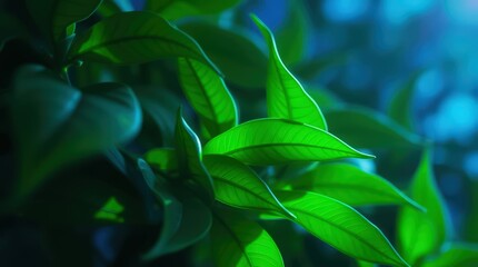 Obraz premium Lush green leaves bathed in soft, blue-toned lighting.