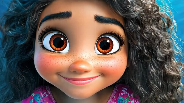 A cheerful young woman in a vibrant animated style, smiling brightly with her upper body facing the camera.
