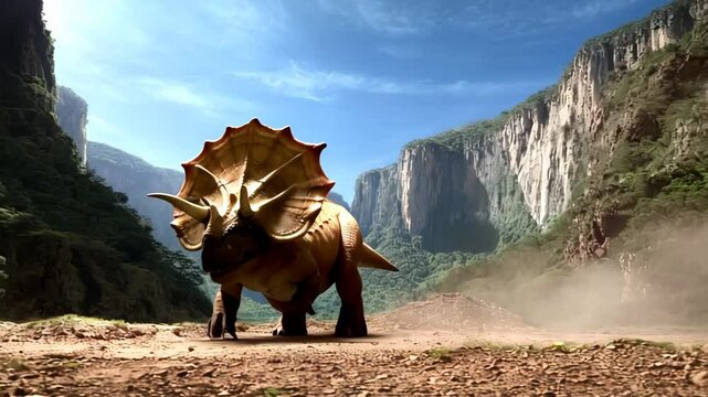 Gigantic tyrannosaurus rex running behind triceratops in prehistoric canyon landscape during cretaceous era, generating a sense of danger and suspense