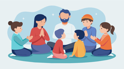 In a moment of reflection the group sat quietly as the instructor led a prayer asking for blessings on the child and their loved ones.. Vector illustration