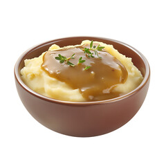 Mashed potatoes with gravy, isolated white background, hyperrealism art style