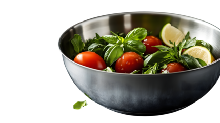 Fresh Salad in a Stainless Steel Bowl with Cherry Tomatoes Basil Leaves and Lemon Slices