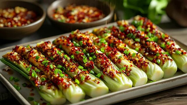 Fresh bok choy with chili garlic topping being prepared and seasoned in sequence