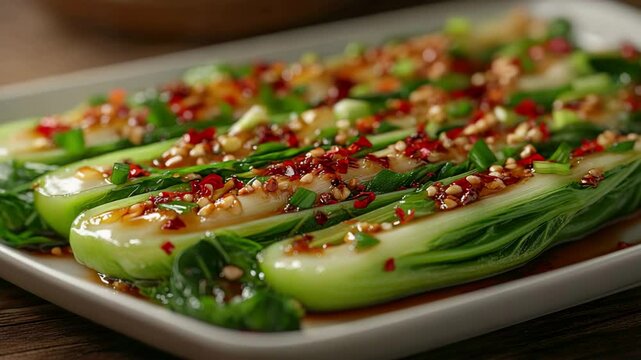 Freshly prepared steamed bok choy drizzled with garlic and red pepper sauce on white platter