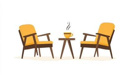 Comfortable Seating Arrangement with Coffee Table and Steaming Beverage for Relaxation and Conv