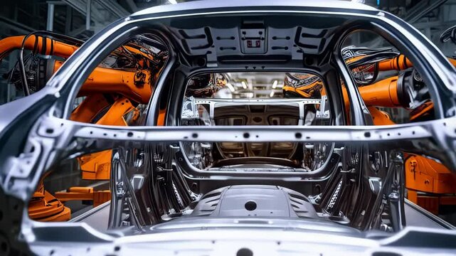 In a state-of-the-art automotive robot factory, advanced robotic arms and assembly lines function flawlessly to build vehicles with utmost precision and efficiency. AI-generated