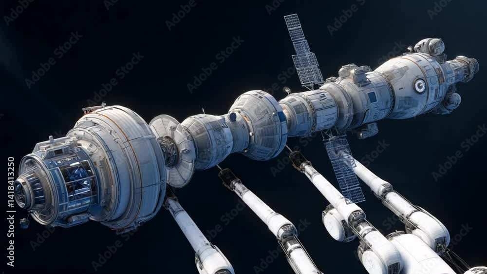 Poster robotic arms construct a large starship in zero gravity environment generative ai
