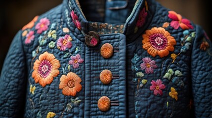 Embroidered Floral Jacket A CloseUp of Vibrant Flowers and Textured Buttons on a Quilted Garm