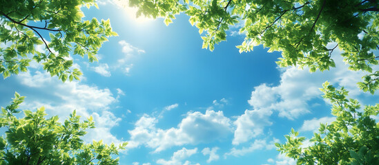 Blank blue sky with fluffy clouds and green tree branches in the foreground providing copy space image