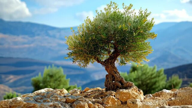 Resilient olive tree thrives on rocky terrain against the backdrop of Palestine, symbolizing endurance and resilience. Ai Generated