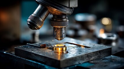 Metal ring being examined under a microscope