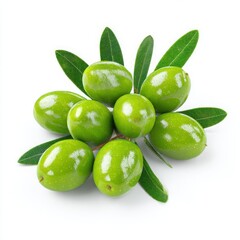 Obraz premium Green olives with leaves still life isolated on white background