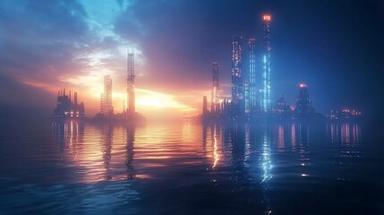Naklejka premium Futuristic Cityscape Reflection: A Glimpse into a Dystopian Tomorrow