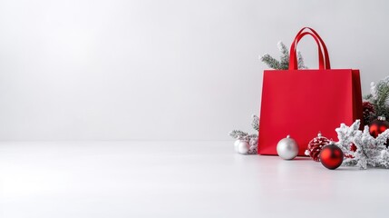 Red Shopping Bag Festive Ornaments Minimalist Style High-resolution Soft Lighting Wide Angle Shot Snow-frosted Branches Holiday Cheer White Background Cool Red Tones Perfect for Seasonal Sales