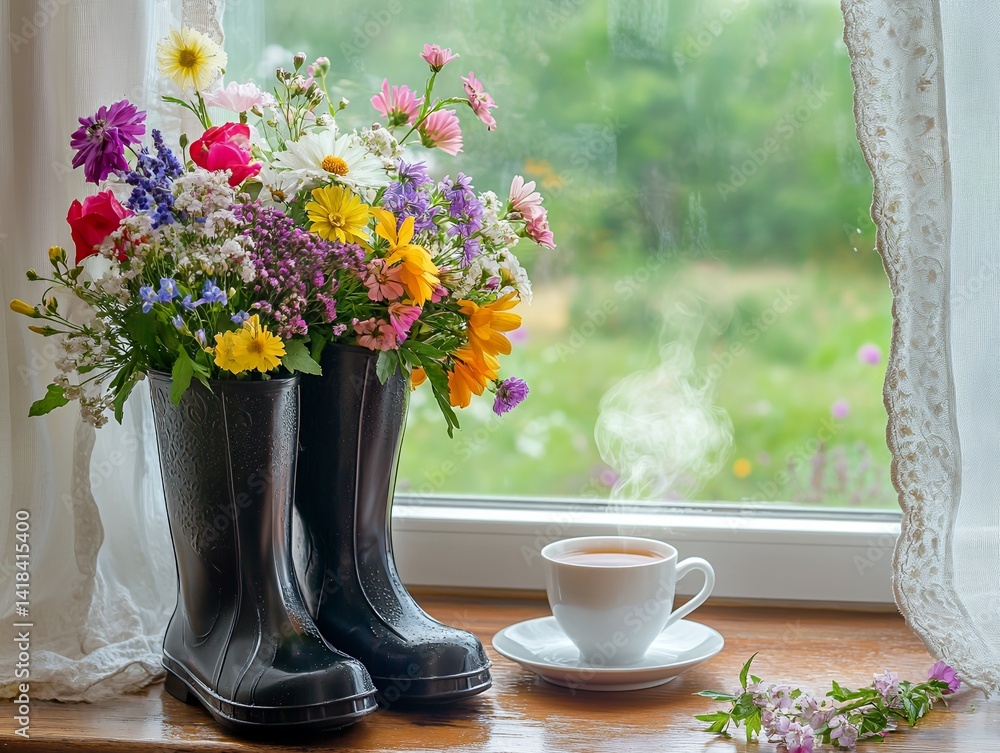 Poster bright and colorful flowers in vases by a sunny window creating a warm home atmosphere ideal for int