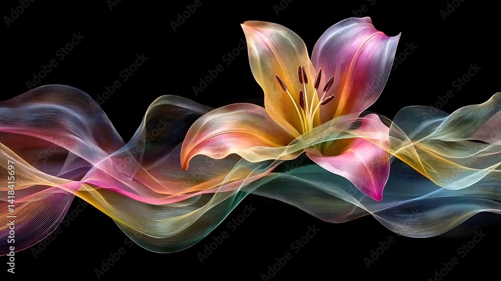 Aufkleber draft fractal-based lilies in neon pastel lines weaving across a midnight background forming cross i