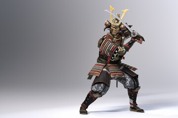 Full body of a traditional warrior holding a katana. 3d illustration.