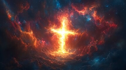 Naklejka premium Employ cosmic fractals merging a silhouette of the empty tomb with swirling pastel lines to capture a transcendent Easter 2025 spiritual essence 