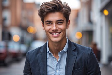 Obraz premium Charming Young Man in Smart-Casual Wear with Bright Grin and Confident Gaze