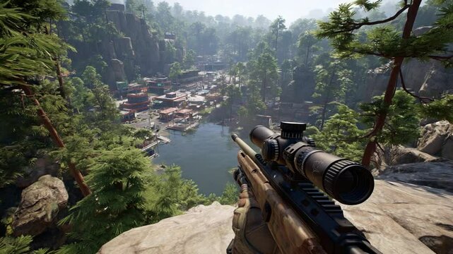 Snipers Positioned Above Hostile Village on Rocky Outcrop Generative AI