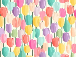 Vibrant tulips in a colorful pattern. A dense arrangement creates a cheerful springtime aesthetic with a variety of pastel shades.