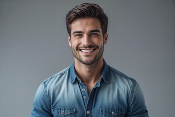 Obraz premium Young Handsome Businessman in Casual Denim Shirt Smiling Against a Neutral Gray Background