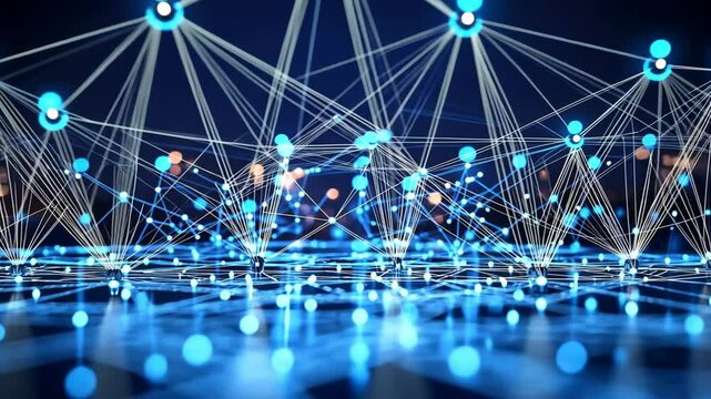 Networked data nodes connected with lines, glowing, futuristic design