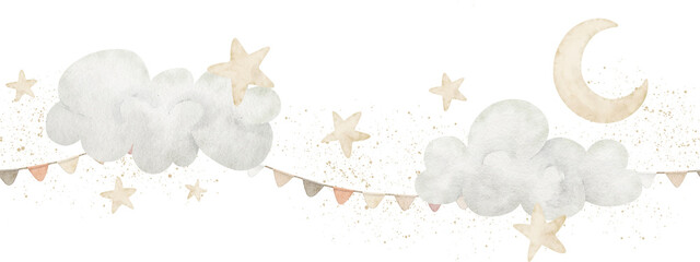 Watercolor seamless border with clouds, moon, stars and a pastel bunting string. Illustration of seamless Pattern for baby shower invitations or nursery wall decor. Frame for newborn greeting cards.
