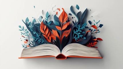 Floral Fantasy Emerging: An Open Book with Blooming Botanical Illustrations
