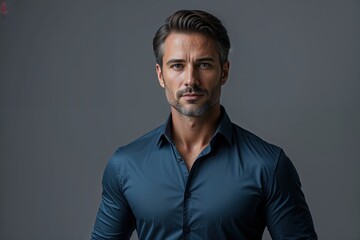 Fototapeta premium Elegant Businessman in Dark Blue Shirt on Gray Background
