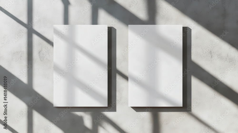Poster two empty white vertical rectangle poster or business card mockups with diagonal window shadow on th