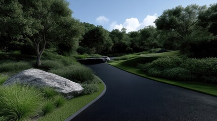Winding road through lush green landscaping.  A scenic pathway meanders through a park-like setting, bordered by various grasses, shrubs, and large rocks